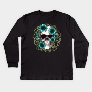 floral skull, cool skull, turquoise sunflowers skull mask face Kids Long Sleeve T-Shirt